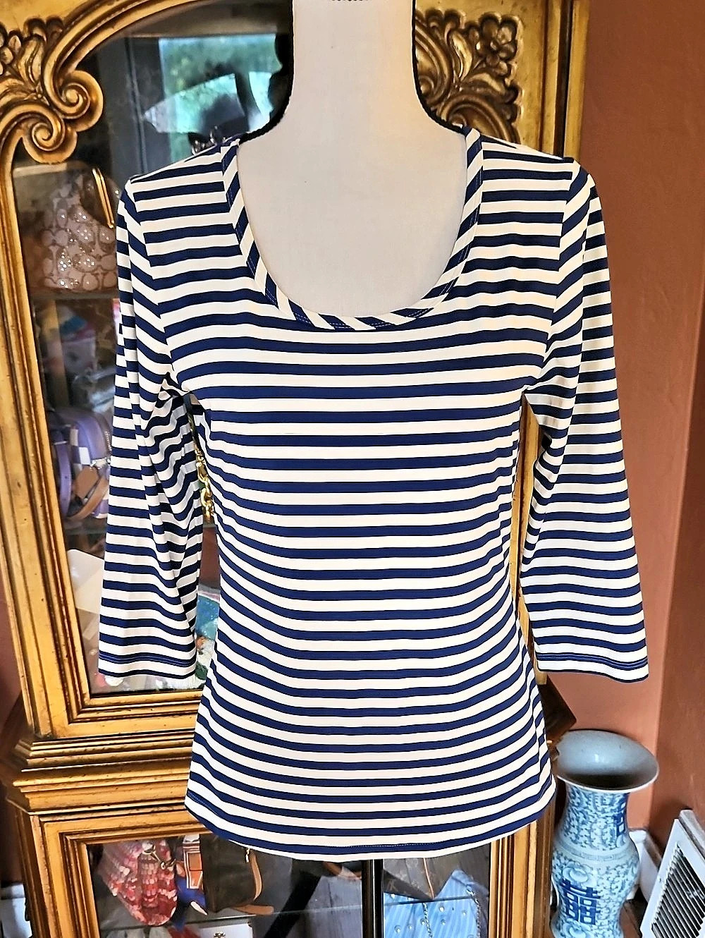 J.McLaughlin Striped 3/4 Sleeve Top in Blue & Cream Small